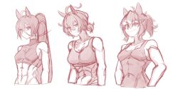 abs agnes_tachyon_(umamusume) ahoge animal_ears bare_shoulders braid breasts collarbone hair_between_eyes half_up_half_down_braid high_ponytail highres horse_ears horse_girl jungle_pocket_(umamusume) long_hair long_sleeves manhattan_cafe_(umamusume) medium_breasts mujintou_png multicolored_hair navel ponytail shirt short_ponytail simple_background sleeveless sleeveless_shirt small_breasts sports_bra sweat tight_clothes tight_shirt toned toned_female turtleneck turtleneck_shirt umamusume very_long_hair white_background