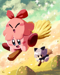 :d aruco_co black_dress black_eyes blue_eyes blunt_bangs blush blush_stickers bow broom broom_riding chuchu_(kirby) closed_eyes cloud cloudy_sky commentary_request dress gradient_sky grass grey_hair happy highres hill keke_(kirby) kirby kirby&#039;s_dream_land_3 kirby_(series) nintendo no_humans on_head open_mouth outdoors red_bow short_hair sky smile sparkle star_(symbol) sunset twilight