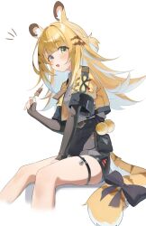 1girl absurdres animal_ear_fluff animal_ears black_gloves black_ribbon black_shorts blonde_hair blunt_bangs braid collared_shirt colored_inner_hair commentary_request cropped_legs fang fingerless_gloves gloves green_eyes grey_hair grey_shirt half_up_half_down_braid high-waist_shorts highres holding holding_skewer jacket ju_fufu light_blush long_hair long_sidelocks looking_at_viewer lumo_1121 making-of_available multicolored_hair open_clothes open_jacket ribbon shirt shorts sidelocks simple_background sitting skewer solo tail tail_ornament tail_ribbon tareme thigh_strap tiger_ears tiger_girl tiger_tail white_background yellow_jacket zenless_zone_zero