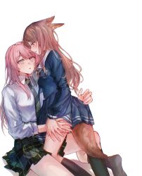 Rule 34 | 2girls, absurdres, animal ears, bang dream!, bang dream! it&#039;s mygo!!!!!, black socks, blue serafuku, blue shirt, blue skirt, blush, breasts, brown hair, chihaya anon, chinese commentary, clothes lift, collared shirt, commentary request, diagonal-striped clothes, diagonal-striped necktie, dress shirt, eye contact, fox ears, fox girl, fox tail, green necktie, green skirt, green socks, grey eyes, grey neckerchief, hand on another&#039;s thigh, haneoka school uniform, highres, kneehighs, kneeling, long hair, long sleeves, looking at another, medium breasts, multiple girls, muonrei00, nagasaki soyo, neckerchief, necktie, no shoes, on floor, open mouth, pink hair, plaid clothes, plaid skirt, pleated skirt, sailor collar, school uniform, serafuku, shirt, sidelocks, simple background, sitting, skirt, skirt lift, socks, striped clothes, tail, three-quarter sleeves, tsukinomori school uniform, white background, white sailor collar, white shirt, yuri