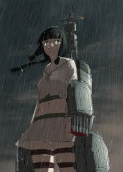 1girl black_hair blunt_bangs braid breasts closed_mouth cloud cloudy_sky crop_top kantai_collection kitakami_(kancolle) kitakami_kai_ni_(kancolle) long_hair long_sleeves looking_at_viewer medium_breasts miniskirt navel neckerchief outdoors panties pantyshot pleated_skirt rain sailor_collar school_uniform serafuku sidelocks single_braid skirt sky solo thigh_strap underwear wet wet_hair white_panties yue_(tada_no_saboten)