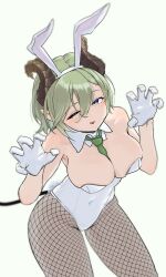 1girl alternate_costume animal_ears between_breasts blue_eyes breasts brown_horns claw_pose cleavage covered_navel cowboy_shot curled_horns demon_girl demon_horns demon_tail detached_collar fake_animal_ears fake_tail fishnet_pantyhose fishnets gloves green_hair green_necktie grey_pantyhose hair_between_eyes highres horns large_breasts leotard long_bangs looking_at_viewer nanashi_inc. necktie necktie_between_breasts none_(fan_774) one_eye_closed pantyhose playboy_bunny pointy_ears rabbit_ears rabbit_tail sekishiro_mico simple_background solo strapless strapless_leotard tail virtual_youtuber white_background white_gloves