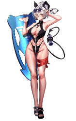 1girl abs absurdres alternate_costume alternate_hair_length alternate_hairstyle arm_up bare_legs bare_shoulders black_horns black_nails black_one-piece_swimsuit black_tail bottle breasts center_opening closed_mouth commentary_request curled_horns demon_tail eyewear_on_head gluteal_fold grey_hair groin hair_between_eyes highleg highleg_one-piece_swimsuit highres holding holding_surfboard holding_with_tail horns large_breasts legs looking_at_viewer mahcl_(mhcl3466) nail_polish one-piece_swimsuit ponytail prehensile_tail red_eyes sandals simple_background solo sunglasses surfboard swimsuit tail toenail_polish toenails toes toned toned_female water_bottle wet white_background wuthering_waves zani_(wuthering_waves)
