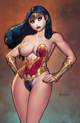 Rule 34 | 1girl, artist logo, artist name, bare shoulders, black hair, blue eyes, blue leotard, bracer, breasts, circlet, cleavage, collarbone, cowboy shot, dc comics, gold bracer, gold trim, gradient background, groin, hand on own hip, hands on own hips, highleg, highleg leotard, highres, large breasts, leotard, linea alba, logo, long hair, looking ahead, looking at viewer, nail polish, plunging neckline, red leotard, red lips, red nails, revealing clothes, ryan kinnaird, solo, standing, star (symbol), superhero costume, tiara, wonder woman, wonder woman (series)