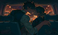 2boys arm_up black_hair black_shirt black_vest blonde_hair car car_interior closed_eyes collared_shirt commentary couple english_commentary haikyuu!! hebi86070749 highres imminent_kiss kozume_kenma kuroo_tetsurou lamppost leaning_forward long_sleeves male_focus motor_vehicle multicolored_hair multiple_boys night parted_lips profile shirt sitting sleeve_cuffs vest white_shirt wing_collar yaoi