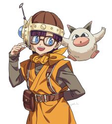 1girl antennae arm_behind_back belt blue_eyes blunt_bangs brown_belt chrono_trigger creature glasses grey_shirt headset helmet hosodayo kilwala long_sleeves lucca_ashtear neckerchief open_mouth orange_neckerchief orange_tunic purple_hair shirt smile tunic twitter_username upper_body white_background white_fur