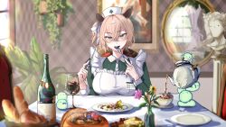 1girl absurdres animal_ears apron bottle bread breasts brown_hair bust_(sculpture) cheese cup drinking_glass eating food fork game_cartridge green_eyes green_nails hat highres holding holding_fork holding_knife holding_teapot indie_virtual_youtuber knife large_breasts mirror name_tag naplings_(nimi_nightmare) nimi_nightmare nurse_cap plate punpond teacup teapot virtual_youtuber white_apron wine_bottle wine_glass