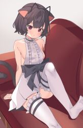 1girl animal_ear_hairband animal_ears arm_support arms_behind_back bansou9 bare_arms bare_shoulders black_bow black_tail blush bow breasts brown_hair cat_ear_hairband cat_ears cat_tail collar commentary_request commission couch dress dress_bow fake_animal_ears frilled_collar frilled_thighhighs frills hairband halter_dress halterneck highres knee_up korean_commentary looking_at_viewer mole mole_under_eye no_shoes on_couch original pleated_dress prunechi red_eyes second-party_source short_hair sideboob sitting sleeveless sleeveless_dress small_breasts solo tail thighhighs white_dress white_thighhighs