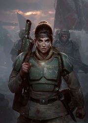 1girl armor astra_militarum bulletproof_vest combat_helmet commentary darren_tan energy_gun english_commentary flag gun helmet highres holding holding_gun holding_unworn_helmet holding_weapon lasgun looking_at_viewer military_combat_uniform military_uniform people shoulder_armor soldier straight-on unworn_headwear unworn_helmet warhammer_40k:_conquest weapon