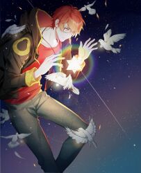 1boy 707_(susanghan_messenger) bird black_jacket cross cross_necklace dove glasses grey_pants highres hood hood_down jacket jewelry kyounatsuuu long_sleeves male_focus necklace orange_eyes outdoors pants parted_lips shooting_star short_hair sky star_(sky) star_(symbol) starry_sky striped_glasses susanghan_messenger white_bird
