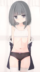 1girl absurdres black_jacket black_panties blush bow bow_panties bra collarbone curtains flat_chest grey_eyes grey_hair highres hood hooded_jacket jacket loli long_sleeves looking_at_viewer navel off-shoulder_jacket off_shoulder open_clothes open_jacket open_mouth original panties pink_bow polka_dot polka_dot_panties shooko short_hair standing thighhighs underwear white_bra white_thighhighs window