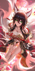 1girl animal_ears bare_shoulders breasts closed_mouth collarbone commentary english_commentary folding_fan fox_ears fox_girl fox_tail fugue_(honkai:_star_rail) hair_between_eyes hand_fan highres holding holding_fan honkai:_star_rail honkai_(series) large_breasts liang_xing long_hair long_sleeves looking_at_viewer multiple_tails nail_polish off_shoulder red_nails smile solo tail tingyun_(honkai:_star_rail)