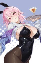 Rule 34 | 1girl, absurdres, alternate costume, animal ears, black leotard, black pantyhose, breasts, cocktail, commentary request, covered navel, fake animal ears, highres, holding, holding plate, honkai: star rail, honkai (series), large breasts, leotard, looking at viewer, march 7th (honkai: star rail), multicolored eyes, pantyhose, parted lips, pink hair, plate, playboy bunny, rabbit ears, sagoni ch, short hair, shrug (clothing), smile, solo, two-tone background, two-tone eyes
