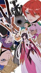 3boys 5girls arnold_renck ash_phoenix bad_id bad_twitter_id blonde_hair blue_eyes bodysuit braid breasts catherine_sabathra clenched_teeth code_geass code_geass:_dakkan_no_roze dark-skinned_female dark_skin dress earrings from_side fur-trimmed_jacket fur_trim glaring glint gloves green_eyes green_hair hair_between_eyes hands_on_own_chest haruyanagininomiya_sakura hat headpiece highres holding jacket jewelry long_braid long_hair long_sleeves multicolored_dress multicolored_hair multiple_boys multiple_girls nmexemn open_mouth orange_eyes pants parted_lips pink_dress pink_hair pink_lips purple_eyes purple_hair rainbow red_eyes red_hair roze_(code_geass) short_hair sideboob single_braid spoilers streaked_hair teeth upper_teeth_only upside-down white_background white_gloves
