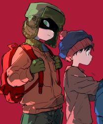 2boys animification arms_up backpack bag beanie black_hair blue_bag brown_shirt closed_mouth collared_shirt commentary gloves green_eyes green_gloves green_hat green_pants hashtag-only_commentary hat jacket k3vccitq kyle_broflovski long_sleeves looking_ahead looking_at_viewer male_focus multiple_boys orange_jacket pants partially_shaded_face pom_pom_(clothes) profile red_background red_bag sanpaku shirt short_hair simple_background south_park stan_marsh ushanka
