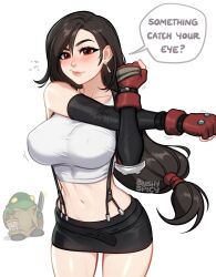 1girl artist_name bare_shoulders black_hair black_skirt blush blushyspicy breasts covered_erect_nipples crop_top earrings elbow_gloves final_fantasy final_fantasy_vii fingerless_gloves gloves highres jewelry kitchen_knife knife lantern large_breasts long_hair looking_at_viewer low-tied_long_hair microskirt motion_lines navel red_eyes skirt solo speech_bubble suspender_skirt suspenders sweatdrop tank_top tifa_lockhart tonberry