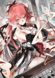 1girl absurdres bare_shoulders breasts changli_(wuthering_waves) closed_mouth dress hair_between_eyes highres long_hair milbi pink_hair smile white_hair wuthering_waves yellow_eyes