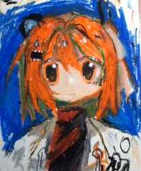 Rule 34 | 1girl, a.i. voice, adachi rei, blue background, closed mouth, computer chip, crayon (medium), hair between eyes, hair ornament, headlamp, highres, jacket, looking at viewer, medium hair, mizu ( mizuo o), one side up, open clothes, open jacket, orange eyes, orange hair, pastel (medium), radio antenna, solo, traditional media, turtleneck, upper body, utau, white jacket
