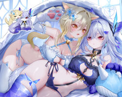 Rule 34 | 2girls, alternate costume, animal ear legwear, animal ears, animal hands, artist logo, bell, black bra, black panties, blonde hair, bra, breasts, cat cutout, cat ear legwear, cat ears, cat lingerie, choker, cleavage, clothing cutout, commentary request, elbow gloves, flower, fox ears, frilled bra, frilled choker, frills, frown, genshin impact, gloves, gradient thighhighs, grey hair, hair flower, hair ornament, highres, jingle bell, kemonomimi mode, large breasts, logo, long hair, lumine (genshin impact), lying, meme attire, multiple girls, neck bell, on side, panties, paw gloves, pottsness, purple eyes, purple thighhighs, short hair with long locks, side-tie panties, skirk (genshin impact), smile, stuffed whale, thighhighs, thighs, underwear, white bra, white flower, white gloves, white panties, white thighhighs, yellow eyes