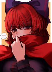 1girl absurdres black_shirt blush border bow cape commentary_request covered_mouth hair_between_eyes hair_bow hand_up highres long_sleeves looking_at_viewer orange_background outside_border puffy_long_sleeves puffy_sleeves purple_bow red_cape red_eyes red_hair sekibanki sekibanki_day shirt short_hair shy simple_background solo speech_bubble takana_(forsterite) thought_bubble touhou upper_body white_border