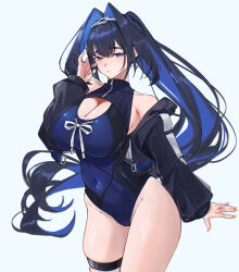 Rule 34 | 1girl, :/, absurdres, arm at side, armpit crease, bare shoulders, black hair, black jacket, blue eyes, blue hair, blue one-piece swimsuit, blush, breasts, chain, chain headband, cleavage, cleavage cutout, closed mouth, clothing cutout, colored inner hair, commentary, covered navel, cowboy shot, cropped jacket, drawstring, eipanguino, groin, hair intakes, halterneck, hand up, high ponytail, highleg, highleg one-piece swimsuit, highres, hololive, hololive english, jacket, large breasts, lips, long hair, long sleeves, looking at viewer, multicolored hair, off shoulder, official alternate costume, one-piece swimsuit, open clothes, open jacket, ouro kronii, ponytail, simple background, solo, swimsuit, thigh strap, tucking hair, two-tone hair, very long hair, virtual youtuber, white background