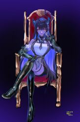 1girl asymmetrical_horns bare_shoulders black_background black_boots black_hair black_horns blue_background blue_hair boots breasts chair crossed_legs dated full_body glowing glowing_eyes gradient_background highres hololive hololive_english horns large_breasts multicolored_hair nerissa_ravencroft nerissa_ravencroft_(1st_costume) shirt simple_background sitting solo twitter_username two-tone_hair uneven_horns virtual_youtuber white_shirt yuri_kyanon