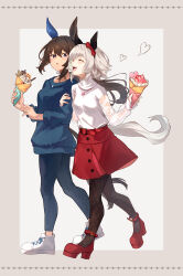 2girls absurdres admire_vega_(umamusume) animal_ears belt black_pantyhose blue_sweater border breasts brown_eyes brown_hair buttons collared_shirt commentary crepe curren_chan_(umamusume) dessert ear_covers food fruit grey_background happy heart heart_necklace highres holding holding_another&#039;s_arm holding_crepe holding_food horse_ears horse_girl horse_tail jewelry long_hair long_sleeves medium_breasts multiple_girls necklace open_mouth pants pantyhose platform_footwear platform_heels red_belt red_shoes red_skirt see-through_clothes see-through_sleeves shirt shoes single_ear_cover skirt sneakers standing star_(symbol) strawberry sweater symbol-only_commentary tail tamiku_(shisyamo609) teeth umamusume upper_teeth_only waffle walking white_hair white_shirt white_shoes