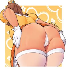 1girl ass ass_focus ass_freckles back bent_over body_freckles brown_hair cameltoe clothes_lift crown dark-skinned_female dark_skin dracksart dress dress_lift facing_away freckles from_behind gloves highres huge_ass long_hair mario_(series) nintendo panties partially_visible_vulva presenting presenting_ass princess princess_daisy signature skindentation spread_ass thick_thighs thighs thong underwear white_gloves white_panties