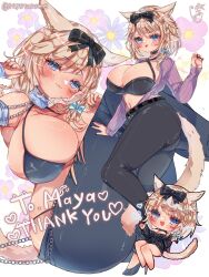 1girl ass black_bra black_pants black_ribbon black_sweater blonde_hair blue_bra bra braid breasts chibi cleavage commission english_text final_fantasy final_fantasy_xiv full_body hair_ribbon highres huge_ass huge_breasts junior_(namatamemisa) large_breasts miqo&#039;te multiple_views original pants purple_sweater ribbon skeb_commission solo sweater underwear
