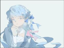 1girl ayaka_(genshin_impact) blue_bow blue_dress blue_eyes blue_hair blunt_tresses bow butterfly_hair_ornament chinese_commentary collar commentary_request detached_collar dress expressionless flower genshin_impact grey_background hair_bow hair_flower hair_ornament high_collar lips long_hair long_sleeves looking_at_viewer parted_lips pinafore_dress pink_bow pink_lips simple_background sleeveless sleeveless_dress solo swept_bangs teeth upper_body very_long_hair wavy_hair white_collar white_dress white_flower yuan_a_zi_a
