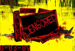 1boy blood blood_on_ground censored_(project_moon) crossover death distortion dress_shoes english_text glitch guro hypnosis_mic kannonzaka_doppo lobotomy_corporation long_sleeves male_focus monster monster_focus on_ground pants pinstripe_pattern pinstripe_shirt pixelated project_moon shirt shoes single_shoe wata_i yellow_background