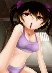 1girl bow bra breasts brown_hair cleavage closed_mouth commentary_request covered_erect_nipples cowboy_shot day food hair_between_eyes hair_bow harunoha himekaidou_hatate indoors long_hair looking_at_viewer medium_breasts navel panties pocky pocky_day pocky_kiss purple_bow purple_bra purple_panties shared_food solo touhou twintails underwear variant_set window