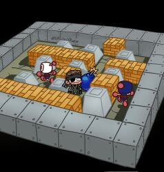 3boys beard big_boss black_bomberman black_headband blue_eyes boioibozo bomb bomberman brown_hair camouflage chibi closed_mouth commentary crossover english_commentary explosive eyepatch facial_hair headband highres imminent_death isometric male_focus maze metal_gear_(series) metal_gear_solid_3:_snake_eater multiple_boys robot running short_hair trapped twitter_username white_bomberman