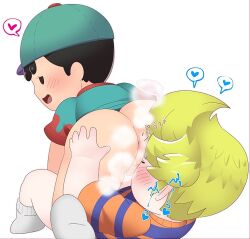 2boys alternate_costume anal anilingus anus ass ass_focus bandai_namco bare_legs bent_over black_eyes black_hair blonde_hair blue_hat blue_shirt blue_stripes blush bottomless butt_crack child closed_eyes closed_mouth dirty dirty_ass elementary_schoolboy fart farting_in_face from_behind gas gassy grabbing_another&#039;s_ass groping half-closed_eyes hands_on_another&#039;s_ass hat heart huge_ass japanese_text kyojiri_shota legs licking licking_male_ass looking_at_another looking_back lucas_(mother_3) lying male_focus mizuki_(sjsj_10) mother_(series) mother_2 mother_3 multiple_boys naughty_face ness_(mother_2) nintendo no_male_underwear no_pants no_shorts odor open_mouth orange_shirt penis perineum presenting presenting_anus presenting_ass red_shirt scent seductive_ass seductive_face seductive_smile sex sexy_or_cute? shirt short_hair shota shota_on_shota sjsj_10 smell smelling smelling_ass smelly_anus smile socks soles spread_anus spread_ass spreading_another&#039;s_anus spreading_another&#039;s_ass stink striped_clothes striped_shirt super_smash_bros. testicles tongue white_background white_socks yaoi