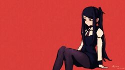 1girl absurdres bartender black_pantyhose bright_pupils collared_shirt commentary dated english_commentary feet_out_of_frame highres jill_stingray long_hair long_sidelocks long_sleeves necktie pantyhose purple_eyes purple_vest red_background red_necktie rnna shirt sidelocks signature simple_background sitting solo twintails va-11_hall-a very_long_hair vest white_shirt