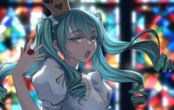 1girl :o arm_at_side blue_eyes blue_hair blue_nails blurry blurry_background blush breasts commentary crown double-parted_bangs dress drill_hair english_commentary eyebrows_hidden_by_hair floating_hair flower flower_ring from_side gold_crown hair_between_eyes hair_ornament hair_over_shoulder half-closed_eyes hand_up hatsune_miku heart highres long_eyelashes long_hair looking_at_viewer looking_to_the_side low_drills medium_breasts open_hand open_mouth pointed_crown portrait puffy_short_sleeves puffy_sleeves quad_drills raised_eyebrows red_flower red_rose rose short_sleeves sidelocks solo stained_glass teeth thick_eyelashes tilted_headwear twintails upper_teeth_only vertigris vocaloid white_dress world_is_mine_(vocaloid)
