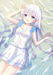 1girl :d blue_eyes blunt_ends blush center_frills collarbone commentary_request day dress dutch_angle floating_hair frills from_above hair_between_eyes hair_ornament hairclip hands_up highres kk0220 long_hair looking_up lying naruse_shiroha on_back open_mouth outdoors parallel_hairclips ripples shadow short_sleeves sidelocks smile solo summer_pockets very_long_hair water white_dress white_hair