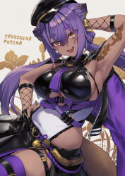 1girl animal_ear_fluff animal_ears aogiri_koukou arm_behind_back arm_tattoo armpits breasts clothing_cutout covered_navel dark-skinned_female dark_skin fukai_ryosuke hand_on_own_hip hat highres large_breasts long_hair looking_at_viewer open_mouth orange_eyes purple_hair short_eyebrows skindentation solo tattoo teeth thick_eyebrows underboob_cutout upper_teeth_only white_background yasoshina_mujina yellow_nails