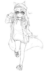1girl animal_ear_fluff animal_ears ariyoshi_gen blush casual ears_through_headwear flat_chest fox_ears fox_girl fox_tail full_body greyscale hat highres hood hoodie jacket long_hair long_sleeves looking_at_viewer monochrome open_clothes open_jacket open_mouth original shoes shorts sketch smile sneakers solo sunglasses tail v-shaped_eyebrows w walking yue-chan