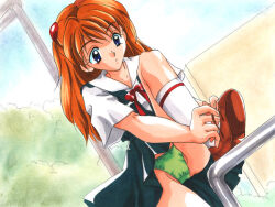 1girl artist_request blue_dress blue_eyes bow bowtie brown_hair brown_shoes bush cloud collarbone crotch_seam dress green_panties hair_ornament hairclip interface_headset_(evangelion) leg_up long_hair looking_down neon_genesis_evangelion panties red_bow red_bowtie school_uniform shirt shoes short_sleeves sky sleeveless sleeveless_dress socks souryuu_asuka_langley standing tokyo-3_middle_school_uniform tying_shoes underwear white_shirt white_socks