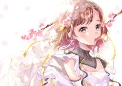 1girl absurdres blush branch breasts bridal_veil brown_eyes brown_hair cherry_blossoms commission crying crying_with_eyes_open dress earrings elbow_gloves flower gloves hair_flower hair_ornament hair_ribbon highres jewelry looking_at_viewer misaka_mikoto open_mouth original petals ribbon sensitive short_hair simple_background solo tears totomachokori upper_body veil white_background white_dress white_gloves yellow_ribbon
