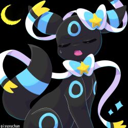 alternate_color artist_name black_background bow closed_eyes cosplay creatures_(company) fang game_freak gen_2_pokemon gen_6_pokemon giyu_(giyuyuchan) highres nintendo no_humans open_mouth pokemon pokemon_(creature) ribbon shiny_pokemon simple_background sweatdrop sylveon sylveon_(cosplay) umbreon v-shaped_eyebrows