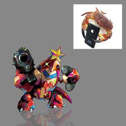 aiming aiming_at_viewer animal_focus cellphone commentary crab crawdaunt crustacean dithering english_commentary gen_3_pokemon grey_background gun handgun highres holding holding_gun holding_phone holding_weapon looking_at_viewer meme nintendo no_humans phone photo_inset pixel_art pokemon pokemon_(creature) reference_inset reflection robin_(pixelated_robin) smartphone sparkle sparkling_eyes star_(symbol) weapon