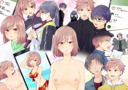 2girls 3boys beach bikini black_hair blue_hair blush breasts brown_hair cellphone genderswap genderswap_(mtf) glasses green_eyes highres holding_hands implied_sex looking_at_another looking_at_viewer medium_breasts medium_hair multiple_boys multiple_girls multiple_views nipples open_mouth original phone ponponsoro ponytail racket red_bikini red_eyes school_uniform smartphone swimsuit tennis_racket twintails