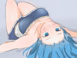 1girl artist_name bare_arms bare_shoulders blue_eyes blue_hair blush breasts cleavage collarbone dutch_angle frilled_shirt frills grey_background highres long_hair looking_at_viewer lying mahou_shoujo_madoka_magica mahou_shoujo_madoka_magica_(anime) medium_breasts miki_sayaka miki_sayaka_(magical_girl) on_back parted_lips pewsnail pleated_skirt shirt signature simple_background sketch skirt sleeveless solo thighs twitter_username upside-down