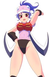 1girl absurdres armor armored_leotard ass blue_hair blush breastplate breasts female_focus fumiki_rikiya garada_k7 hand_on_own_hip hat highleg highleg_leotard highres large_breasts leotard long_hair looking_at_viewer open_mouth ponytail red_eyes robot_girls_z shiny_skin simple_background smile solo standing thighs thong_leotard wide_hips