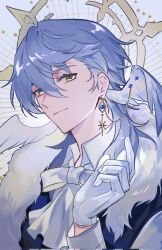 1boy blue_hair blue_vest closed_mouth collared_shirt corrupted_twitter_file earrings feather_boa feathered_wings feathers gloves gold_halo hair_between_eyes halo halo_behind_head head_wings highres honkai:_star_rail honkai_(series) jewelry long_hair long_sleeves looking_at_viewer male_focus piercing saru_youichi scarf shirt solo star_(symbol) sunday_(brilliant_youth)_(honkai:_star_rail) sunday_(honkai:_star_rail) upper_body vest white_gloves white_scarf white_shirt white_wings wing_piercing wings yellow_eyes