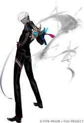 Rule 34 | 1boy, armor, black gloves, black pants, black shirt, black shoes, blue eyes, colored skin, copyright notice, dark-skinned male, dark skin, earrings, fate/grand order, fate (series), full body, gloves, glowing, grey skin, hand on own hip, indra (fate), jewelry, lightning bolt facial mark, looking at viewer, looking back, male focus, official art, outline, pako (pakosun), pants, pauldrons, shirt, shoes, short hair, shoulder armor, single pauldron, smile, solo, standing, transparent background, white hair, white outline