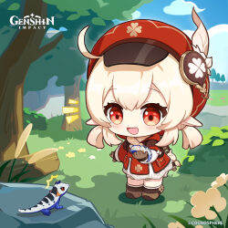 1girl :o absurdres animal blue_sky brown_footwear brown_gloves newsboy_cap chibi cloud commentary copyright_name day dodoco_(genshin_impact) dot_nose dress english_commentary flower genshin_impact gloves hat highres holding holding_animal klee_(genshin_impact) lizard low_twintails official_alternate_costume official_art open_mouth outdoors pointy_ears red_dress red_eyes red_hat short_twintails sky smile standing tree twintails