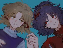 Rule 34 | 2girls, ame iru, blonde hair, blue background, blush, brown eyes, brown hairband, closed mouth, commentary request, dress, fingernails, hair between eyes, hair ornament, hair ribbon, hairband, hand on own chest, highres, holding hands, leaf, leaf hair ornament, looking at another, lying, maple leaf, moriya suwako, multiple girls, no headwear, on back, parted bangs, puffy short sleeves, puffy sleeves, purple dress, purple hair, red eyes, red shirt, ribbon, shirt, short hair, short sleeves, sidelocks, simple background, smile, touhou, tress ribbon, turtleneck, turtleneck shirt, upper body, white shirt, yasaka kanako, yuri